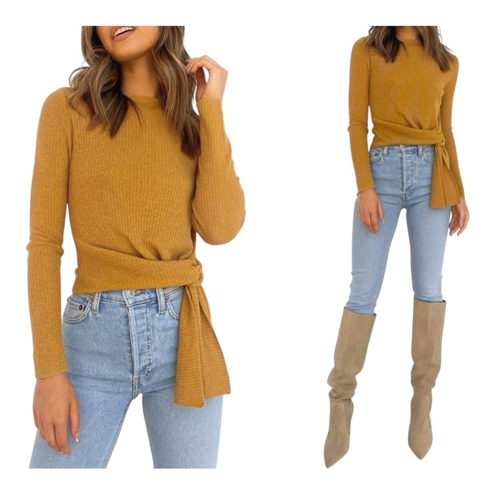 NWT Petal & Pup Ribbed Tie-Waist Sweater in Mustard Brown Sz M/L